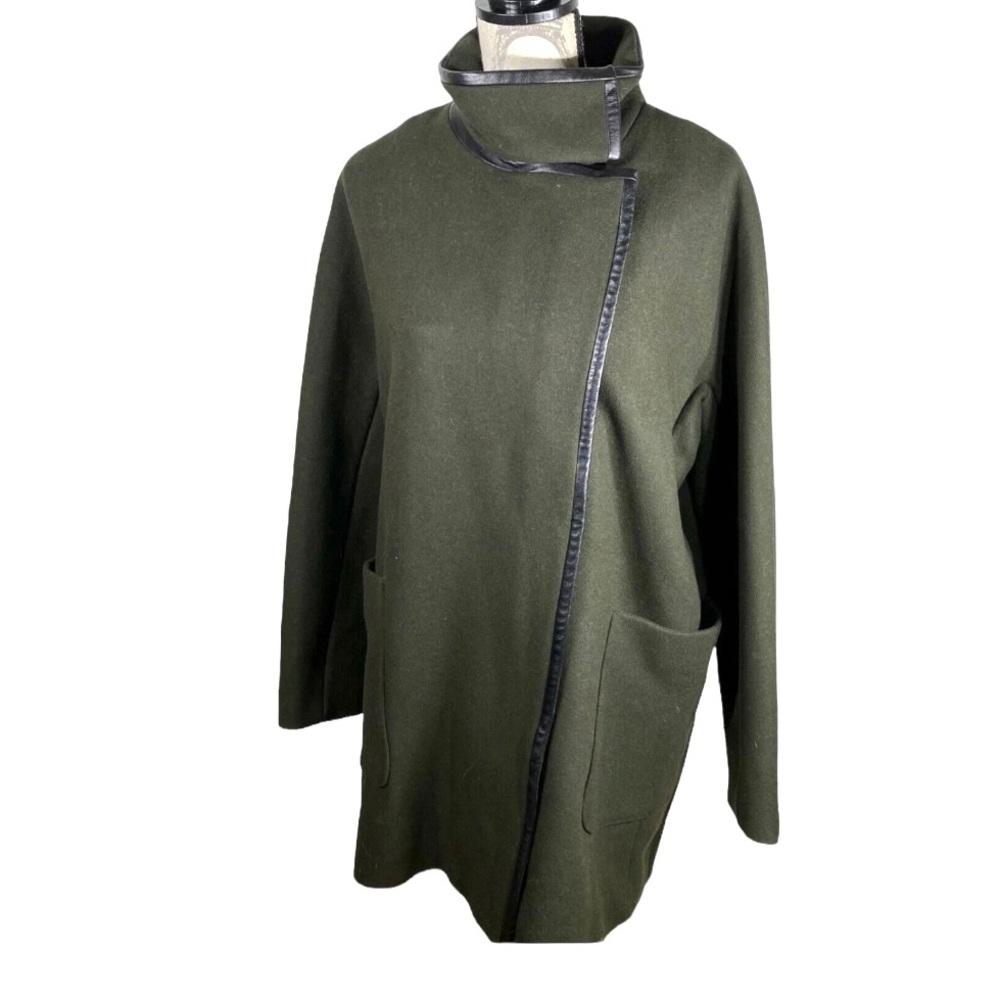 Madewell City‎ Grid Wool Blend Cocoon Coat Olive Green Leather Trim 2